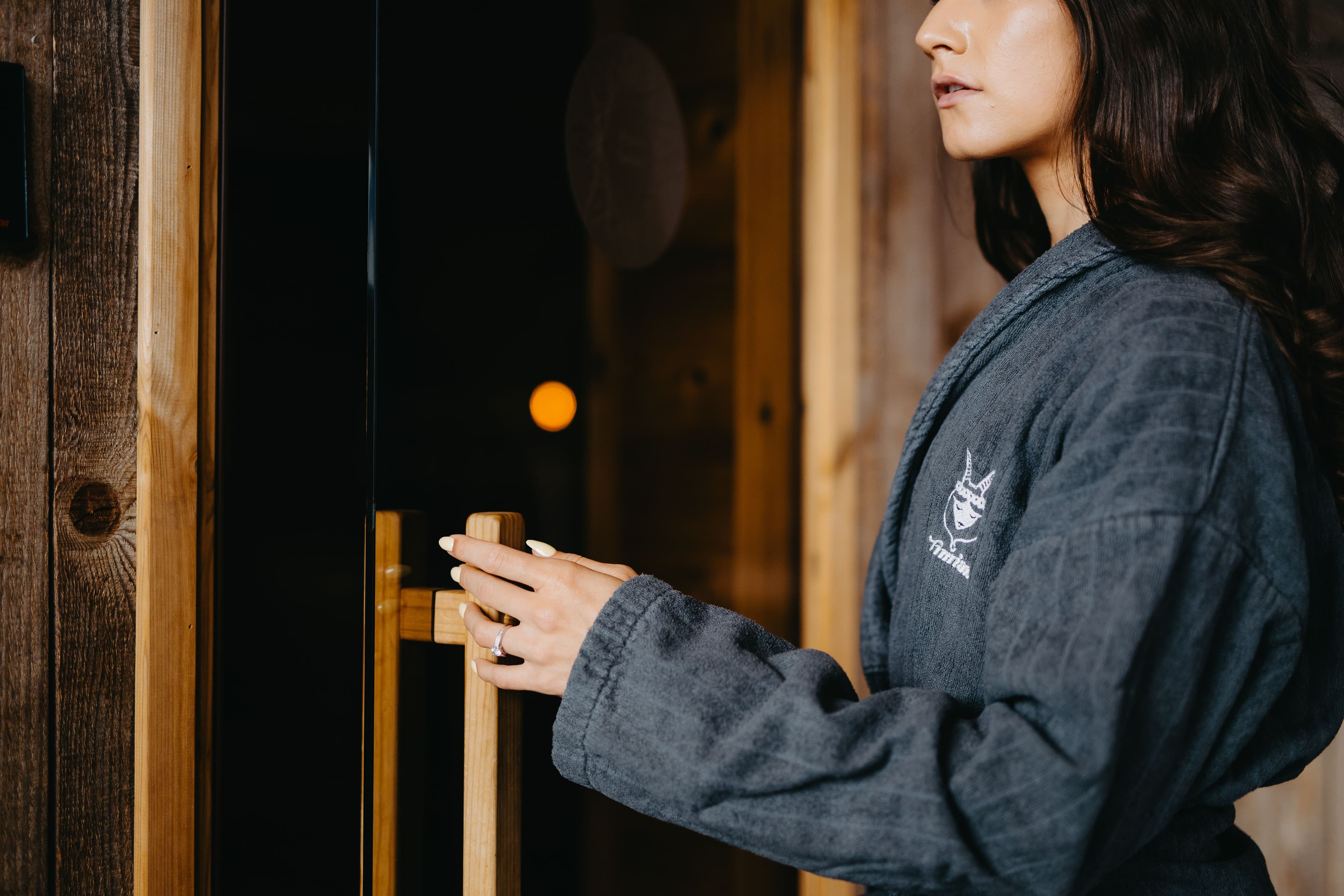 Wooden sauna entrance details