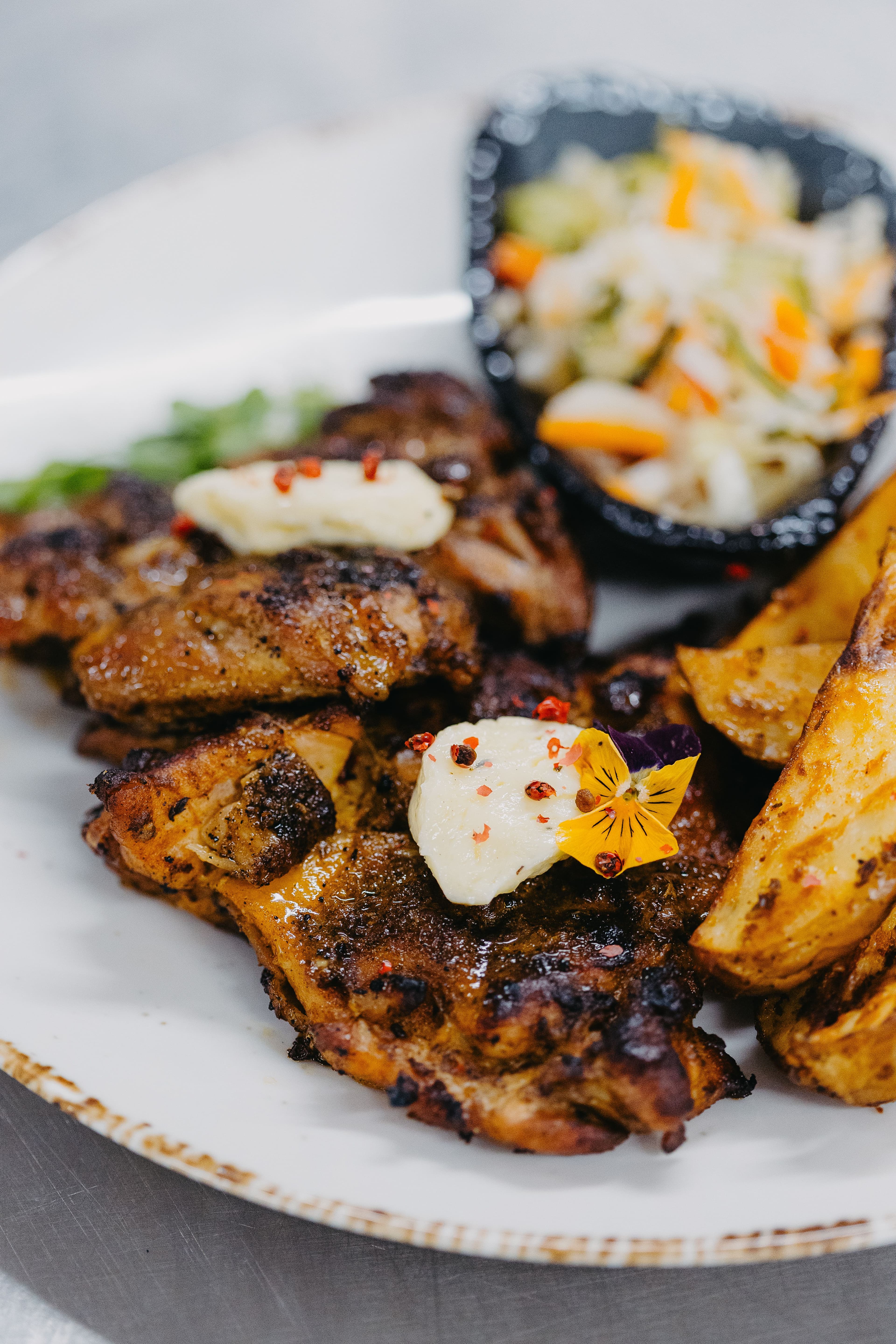 Fresh local ingredients arranged on a rustic wooden table